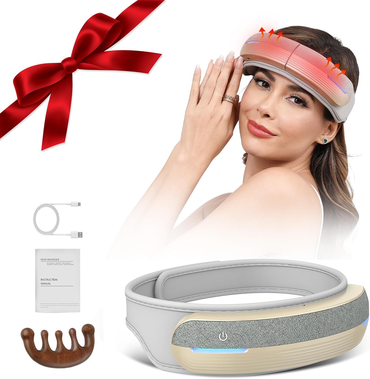 Foldable heated head massager with air compression and included accessories