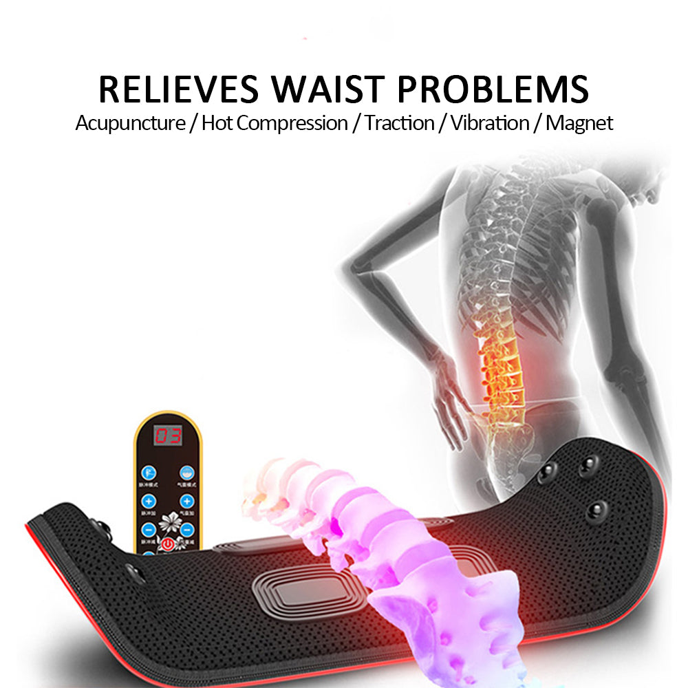 Lumbar massager relieves waist problems with acupuncture, hot compression, traction, vibration and magnet therapy