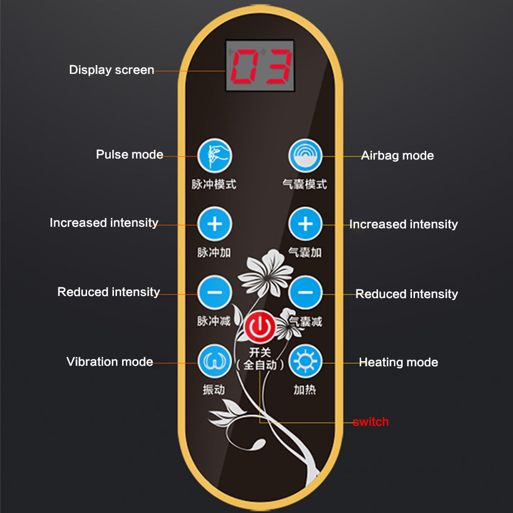 Remote control display showing pulse mode, airbag mode, intensity controls, vibration and heating settings